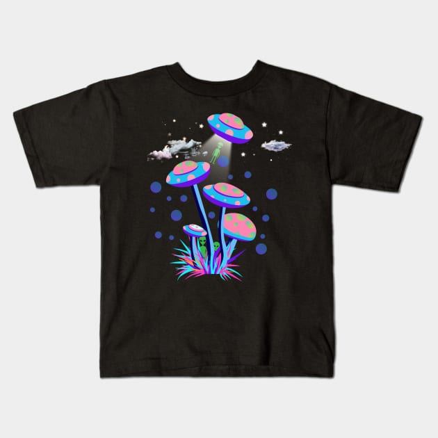 Mushroom UFO and Aliens Kids T-Shirt by Fj Greetings